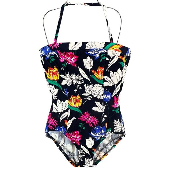 Vintage Talbots One Piece Swimsuit 10 Navy Blue Multi Floral Ribbed Halter Beach - Picture 1 of 10